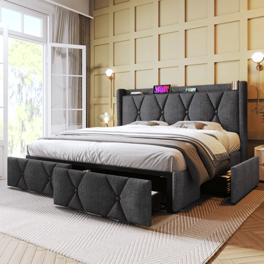 Cama estofada 160x200 cm - com porta USB, cabeceira e 4 gavetas de arrumação, base de madeira - cinzenta