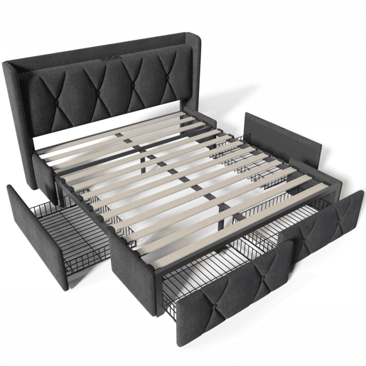 Cama estofada 160x200 cm - com porta USB, cabeceira e 4 gavetas de arrumação, base de madeira - cinzenta
