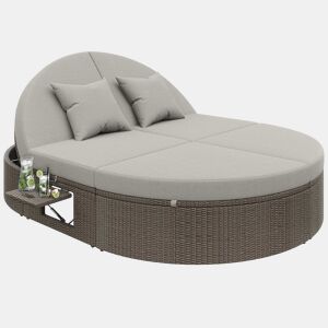 Cama de casal em rattan para 2 pessoas - Com prateleira lateral, mesa dobrável, ângulo ajustável - Cinza