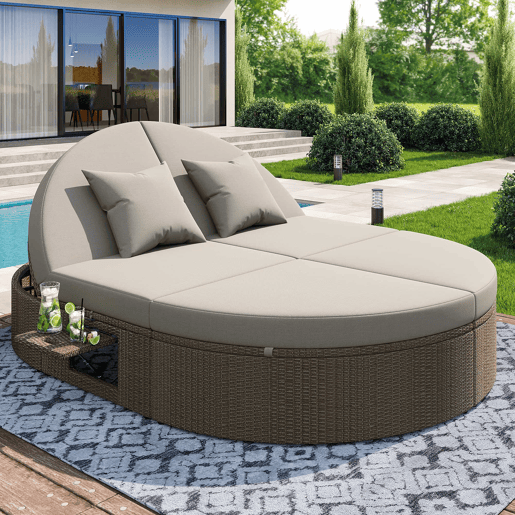 Cama de casal em rattan para 2 pessoas - Com prateleira lateral, mesa dobrável, ângulo ajustável - Cinza