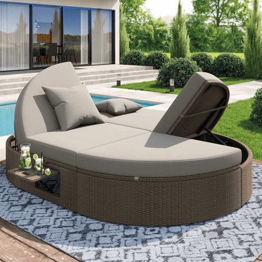 Cama de casal em rattan para 2 pessoas - Com prateleira lateral, mesa dobrável, ângulo ajustável - Cinza