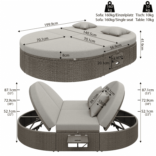 Cama de casal em rattan para 2 pessoas - Com prateleira lateral, mesa dobrável, ângulo ajustável - Cinza