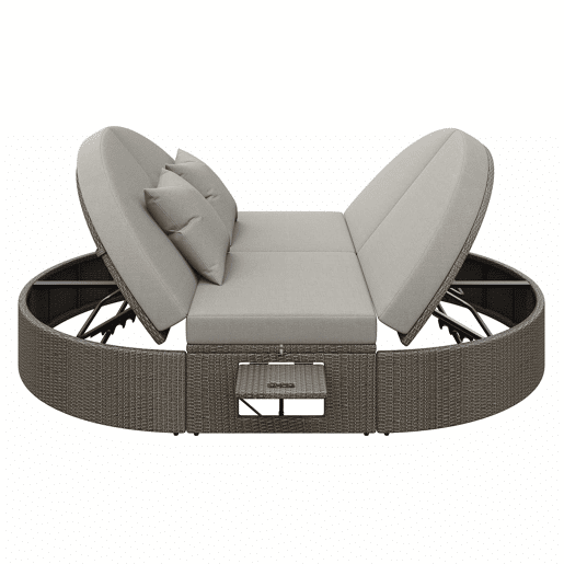 Cama de casal em rattan para 2 pessoas - Com prateleira lateral, mesa dobrável, ângulo ajustável - Cinza
