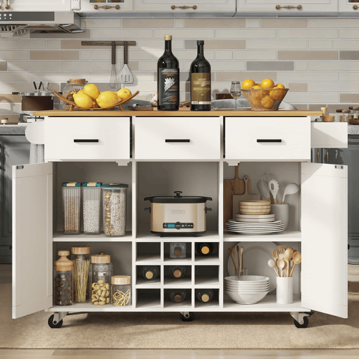 Carrinho de cozinha 107 cm - com bancada, suporte para toalhas, prateleira para especiarias, divisórias ajustáveis - branco