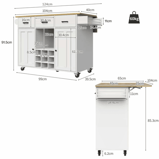 Carrinho de cozinha 107 cm - com bancada, suporte para toalhas, prateleira para especiarias, divisórias ajustáveis - branco