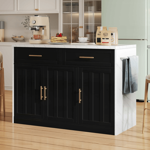 Ilha de cozinha 120x60x91 cm - Com tomadas, portas USB, prateleiras ajustáveis, puxadores metálicos, área de bar - Branco