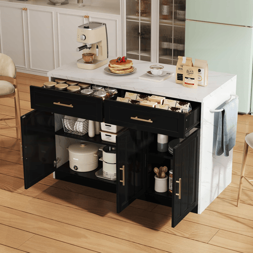 Ilha de cozinha 120x60x91 cm - Com tomadas, portas USB, prateleiras ajustáveis, puxadores metálicos, área de bar - Branco