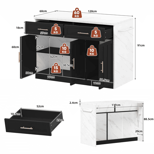 Ilha de cozinha 120x60x91 cm - Com tomadas, portas USB, prateleiras ajustáveis, puxadores metálicos, área de bar - Branco