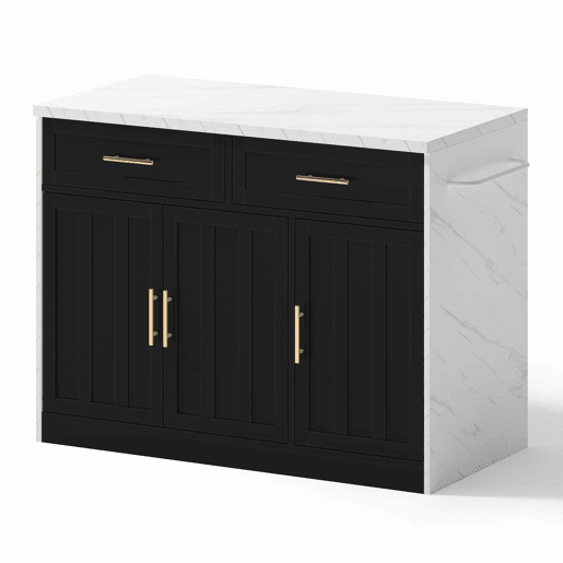 Ilha de cozinha 120x60x91 cm - Com tomadas, portas USB, prateleiras ajustáveis, puxadores metálicos, área de bar - Branco