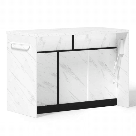 Ilha de cozinha 120x60x91 cm - Com tomadas, portas USB, prateleiras ajustáveis, puxadores metálicos, área de bar - Branco