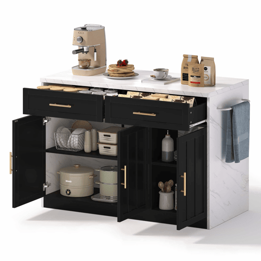 Ilha de cozinha 120x60x91 cm - Com tomadas, portas USB, prateleiras ajustáveis, puxadores metálicos, área de bar - Branco