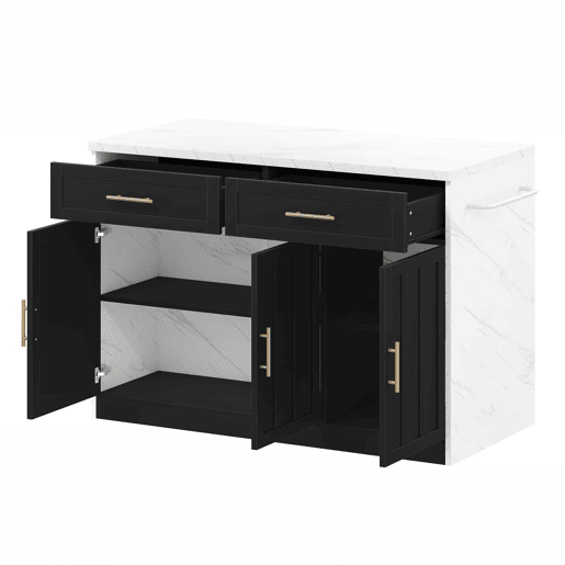 Ilha de cozinha 120x60x91 cm - Com tomadas, portas USB, prateleiras ajustáveis, puxadores metálicos, área de bar - Branco