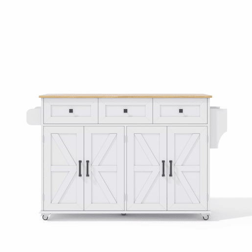 Ilha de cozinha 140x43(70)x90,5 cm - 5 rodas bloqueáveis, 4 portas, 3 gavetas, prateleira, toalheiros - Branco+Natural