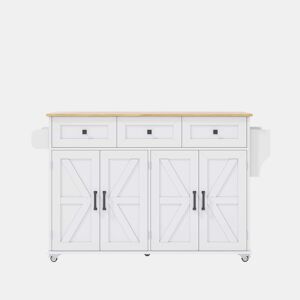 Ilha de cozinha 140x43(70)x90,5 cm - 5 rodas bloqueáveis, 4 portas, 3 gavetas, prateleira, toalheiros - Branco+Natural