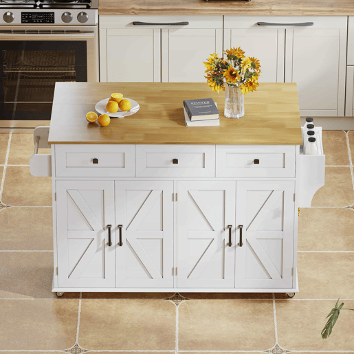 Ilha de cozinha 140x43(70)x90,5 cm - 5 rodas bloqueáveis, 4 portas, 3 gavetas, prateleira, toalheiros - Branco+Natural
