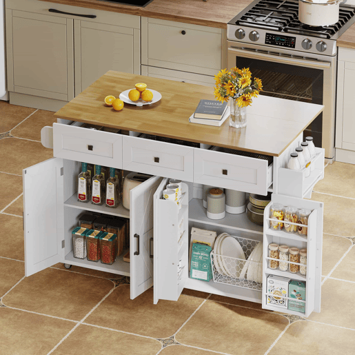 Ilha de cozinha 140x43(70)x90,5 cm - 5 rodas bloqueáveis, 4 portas, 3 gavetas, prateleira, toalheiros - Branco+Natural