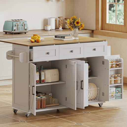 Ilha de cozinha 140x43(70)x90,5 cm - 5 rodas bloqueáveis, 4 portas, 3 gavetas, prateleira, toalheiros - Branco+Natural