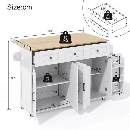 Ilha de cozinha 140x43(70)x90,5 cm - 5 rodas bloqueáveis, 4 portas, 3 gavetas, prateleira, toalheiros - Branco+Natural