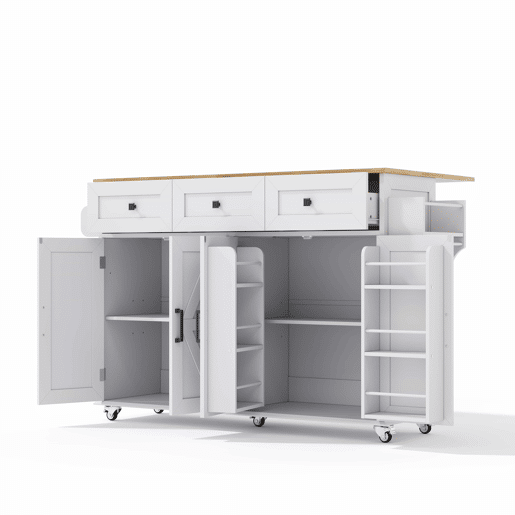 Ilha de cozinha 140x43(70)x90,5 cm - 5 rodas bloqueáveis, 4 portas, 3 gavetas, prateleira, toalheiros - Branco+Natural