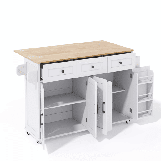 Ilha de cozinha 140x43(70)x90,5 cm - 5 rodas bloqueáveis, 4 portas, 3 gavetas, prateleira, toalheiros - Branco+Natural