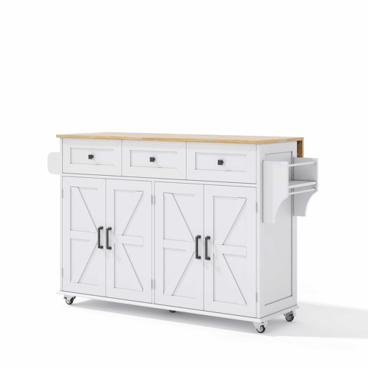 Ilha de cozinha 140x43(70)x90,5 cm - 5 rodas bloqueáveis, 4 portas, 3 gavetas, prateleira, toalheiros - Branco+Natural
