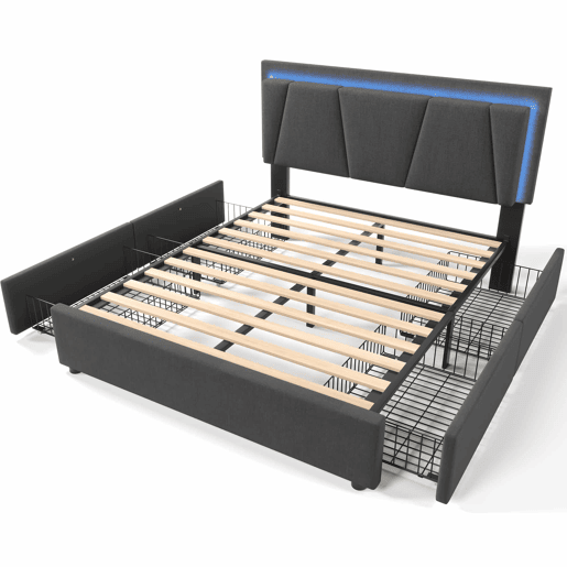 Cama estofada 160x200 cm - LED, 4 gavetas, cabeceira ajustável, base de madeira - Cinza