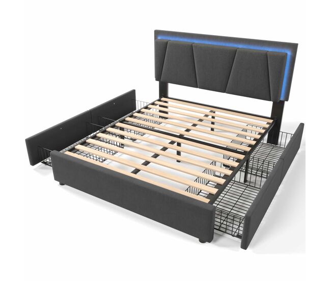 Cama tapizada 160x200 cm - led, 4 cajones, cabecero ajustable, somier de madera - gris