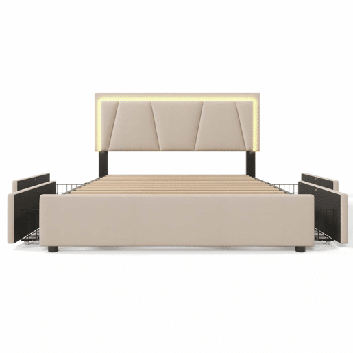 Cama estofada 160x200 cm - 4 gavetas, cabeceira ajustável, LED, base de madeira - bege