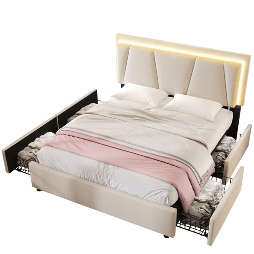 Cama estofada 160x200 cm - 4 gavetas, cabeceira ajustável, LED, base de madeira - bege