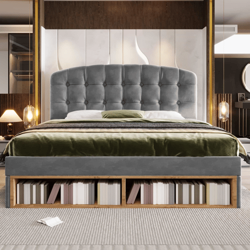 Cama de casal 140x200 - Similpelle com cabeceira ajustável, gavetas e espaço de arrumação - Cinza