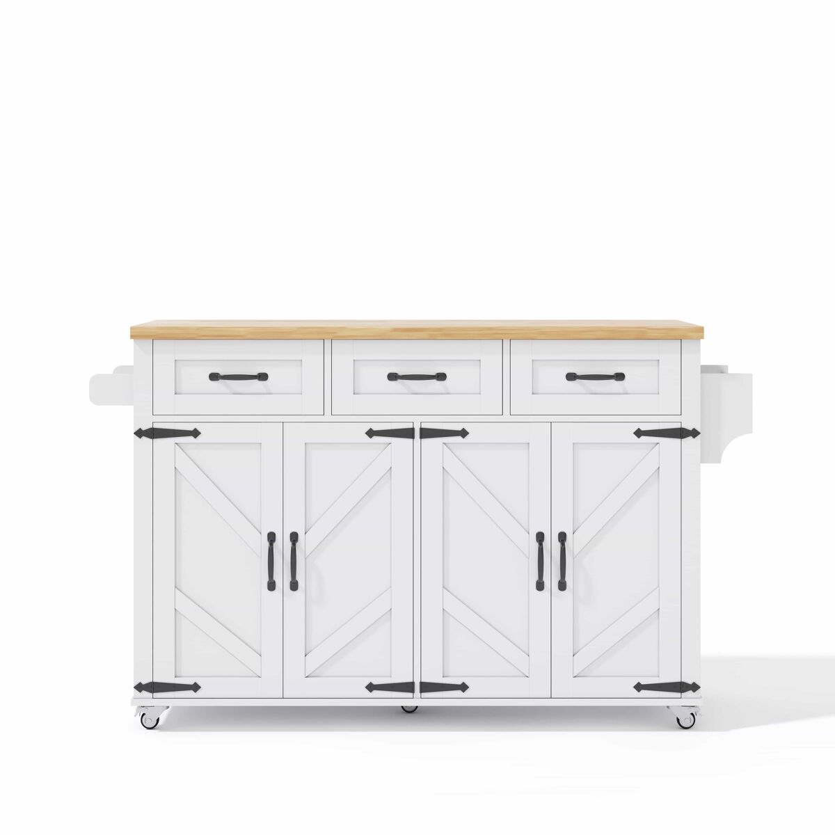 Isla de cocina 140x43(70)x90.5 cm - con 5 ruedas bloqueables, 4 puertas, 3 cajones, diseño estilo granero - blanco y natural
