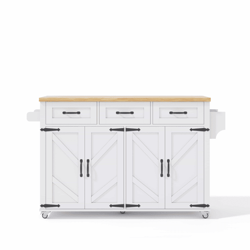 Ilha de cozinha 140x43(70)x90,5 cm - com 5 rodas bloqueáveis, 4 portas, 3 gavetas, design estilo celeiro - Branco e Natural