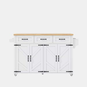 Ilha de cozinha 140x43(70)x90,5 cm - com 5 rodas bloqueáveis, 4 portas, 3 gavetas, design estilo celeiro - Branco e Natural