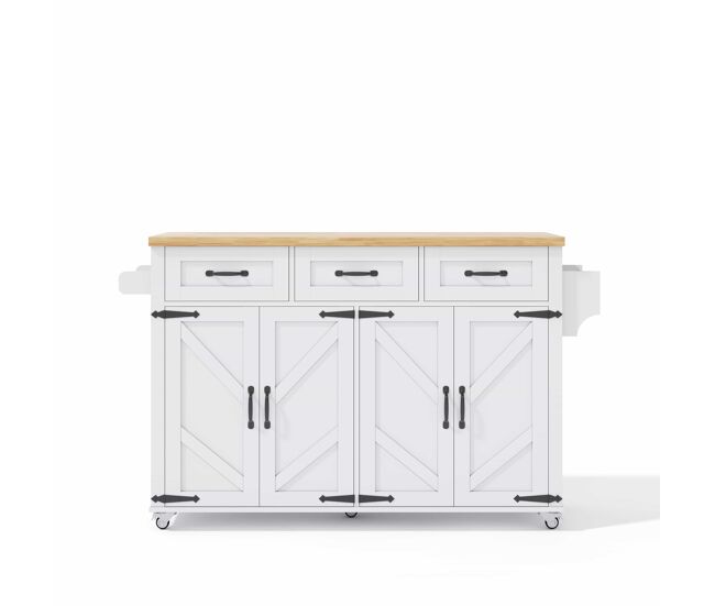 Isla de cocina 140x43(70)x90.5 cm - con 5 ruedas bloqueables, 4 puertas, 3 cajones, diseño estilo granero - blanco y natural