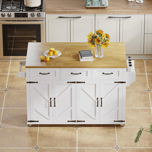 Ilha de cozinha 140x43(70)x90,5 cm - com 5 rodas bloqueáveis, 4 portas, 3 gavetas, design estilo celeiro - Branco e Natural