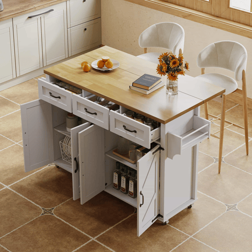 Ilha de cozinha 140x43(70)x90,5 cm - com 5 rodas bloqueáveis, 4 portas, 3 gavetas, design estilo celeiro - Branco e Natural