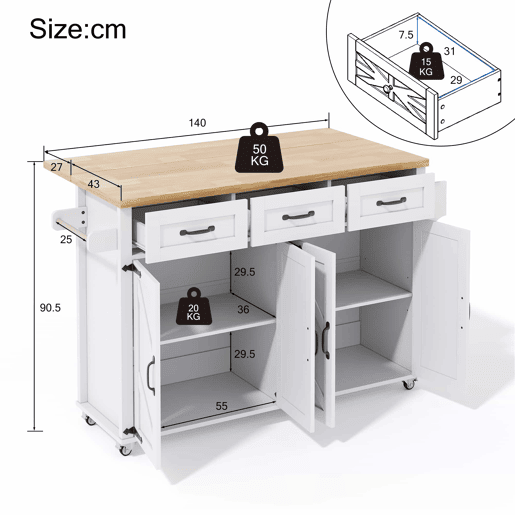 Ilha de cozinha 140x43(70)x90,5 cm - com 5 rodas bloqueáveis, 4 portas, 3 gavetas, design estilo celeiro - Branco e Natural