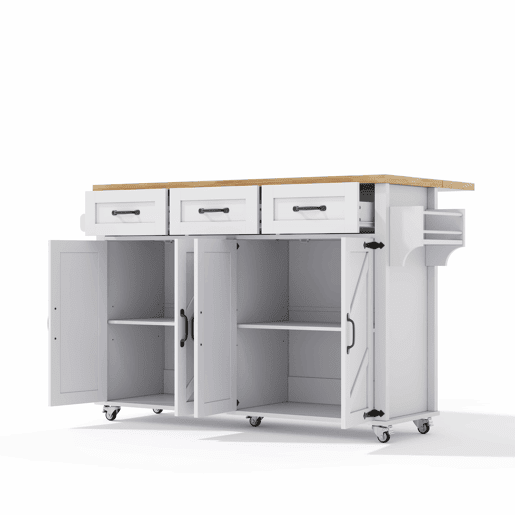 Ilha de cozinha 140x43(70)x90,5 cm - com 5 rodas bloqueáveis, 4 portas, 3 gavetas, design estilo celeiro - Branco e Natural