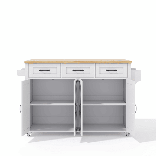 Ilha de cozinha 140x43(70)x90,5 cm - com 5 rodas bloqueáveis, 4 portas, 3 gavetas, design estilo celeiro - Branco e Natural