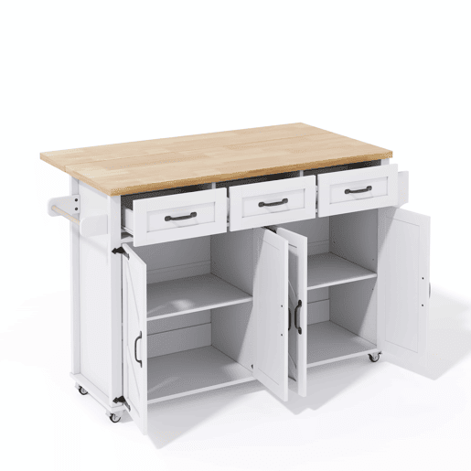 Ilha de cozinha 140x43(70)x90,5 cm - com 5 rodas bloqueáveis, 4 portas, 3 gavetas, design estilo celeiro - Branco e Natural