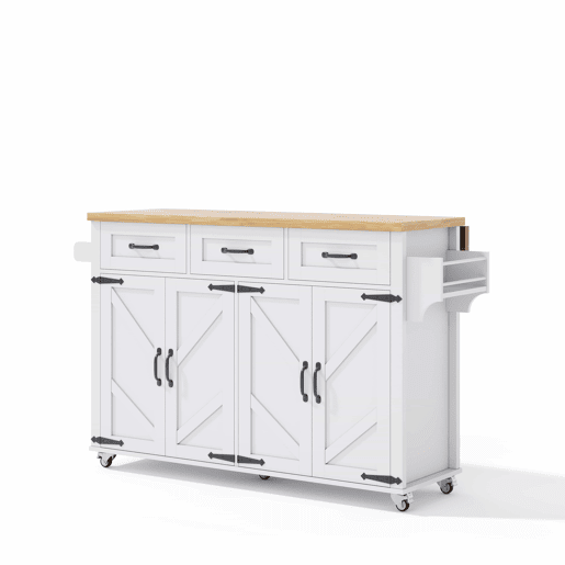 Ilha de cozinha 140x43(70)x90,5 cm - com 5 rodas bloqueáveis, 4 portas, 3 gavetas, design estilo celeiro - Branco e Natural