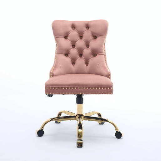 Cadeira de escritório - moderna, estofada em veludo com botões - base metálica dourada - rosa