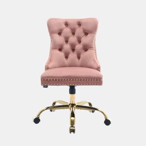 Cadeira de escritório - moderna, estofada em veludo com botões - base metálica dourada - rosa