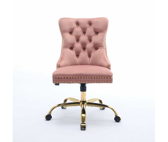 Silla de oficina - moderna tapizada en terciopelo con botones - base metálica dorada - rosa