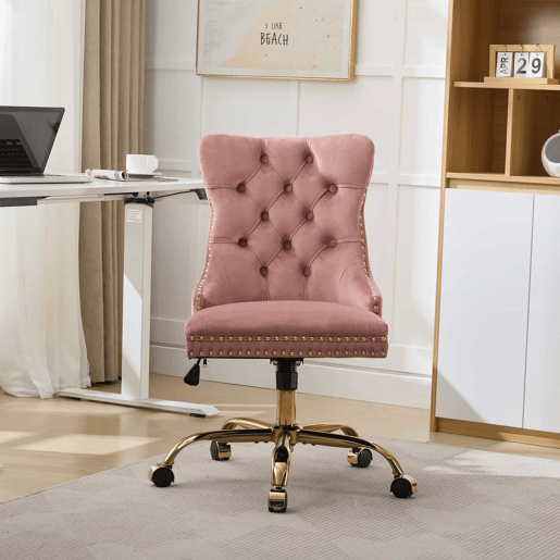 Cadeira de escritório - moderna, estofada em veludo com botões - base metálica dourada - rosa