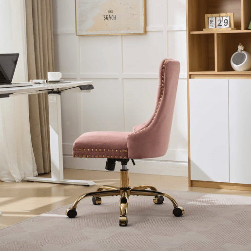 Cadeira de escritório - moderna, estofada em veludo com botões - base metálica dourada - rosa