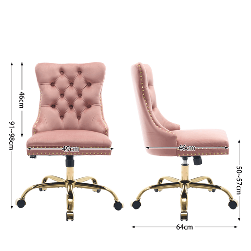 Cadeira de escritório - moderna, estofada em veludo com botões - base metálica dourada - rosa