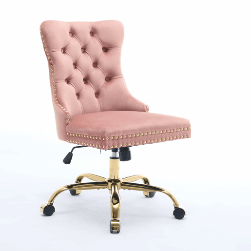 Cadeira de escritório - moderna, estofada em veludo com botões - base metálica dourada - rosa