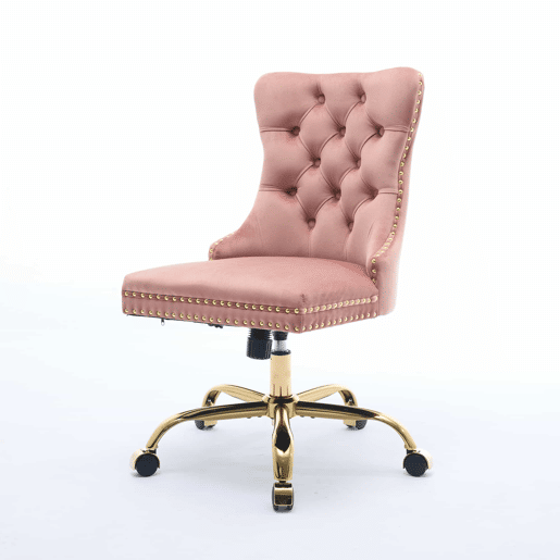 Cadeira de escritório - moderna, estofada em veludo com botões - base metálica dourada - rosa