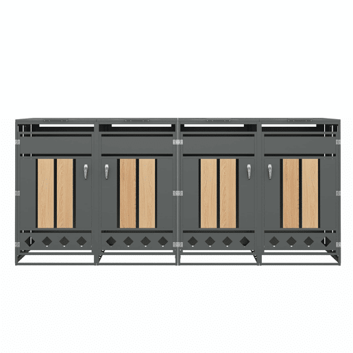 Caixa para lixo com tampa articulada - Compartimentos de armazenamento para lixo, Fecho, Quatro portas, Painel da porta com veios de madeira verticais, Base oca em forma de losango - Cinza, Madeira